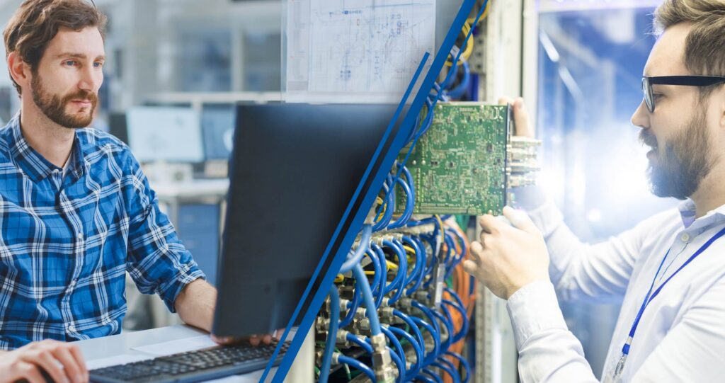 Zweigeteiltes Bild zeigt einen Mann der vor einem Computer sitzt und arbeitet. Auf der anderes Seite montiert ein IT-Techniker eine Festplatte in einen Serverschrank.