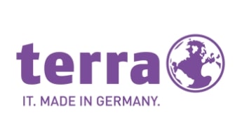 Violetter Kreis der eine stilisierte Erde ergibt und Schriftzeichen - Logo Terra