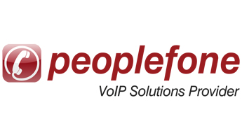 Rotes Quadrat mit einem weissen Telefonhörer darin und rote Schriftzeichen - Logo von Peoplefone VoIP Solution Provider