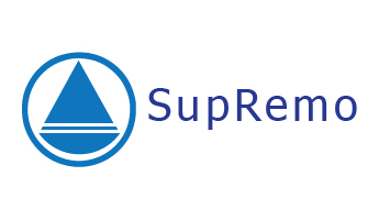 Blauer Kreis mit einem Dreieck darin und Schriftzeichen - Logo von Supremo